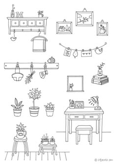 a black and white drawing of various things in a room with plants on the table