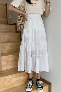 High-waisted Maxi Skirt For Day Out, High Waist Maxi Skirt For Day Out, Flowy High Waist Maxi Skirt For Day Out, Solid Color Midi Length Bottoms For Summer, Solid Color Long Skirt For Day Out, Long Skirt For Day Out In Solid Color, Flowy Tiered Skirt In Solid Color, High Waist Elastic Maxi Skirt, Spring Solid Color Midi Bottoms