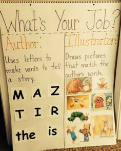 a bulletin board with pictures and words on it that read, what's your job? author