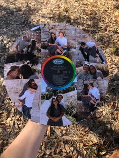 a collage of people sitting on top of a pile of leaves next to a person's hand