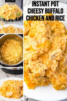 instant pot cheesy buffalo chicken and rice is shown in four different pictures with the title above it