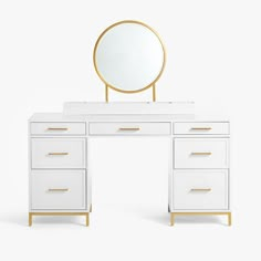 a white desk with a mirror on top of it and drawers under the countertop