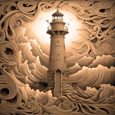 a drawing of a lighthouse surrounded by waves