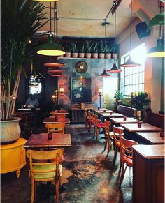 the interior of a restaurant with wooden tables and chairs, potted plants, and hanging lights