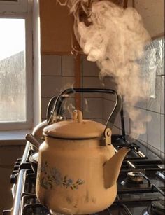 steam rising from a teapot on top of a stove