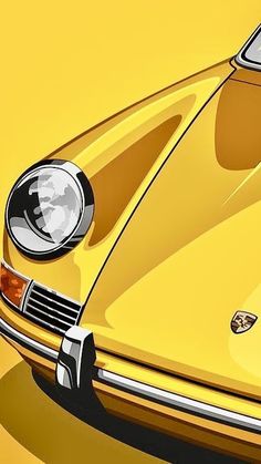 the front end of an old yellow sports car