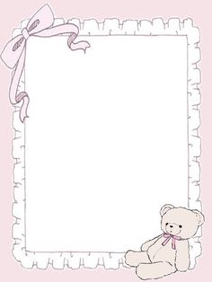 a teddy bear with a pink ribbon around its neck sitting in front of an empty frame