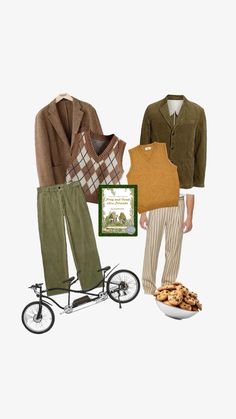 two men's clothing and a bicycle with food in the basket next to it