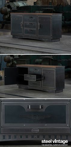 three different views of an old fashioned television set with no remotes or speakers on it