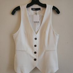 Zara Tailored Waistcoat / Vest Ecru Bnwt Tailored Spring Vest Outerwear, Classic White Workwear Vest, Classic White Work Vest, White Tailored Vest For Workwear, Elegant White Vest With Buttons, Classic White Vest With Buttons, Sleeveless Beige Blazer For Spring, Chic White Vest With Button Closure, White Formal Vest For Fall