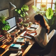 a woman sitting at a desk in front of a computer with plants on the table