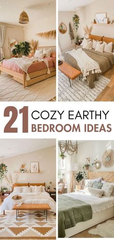 the collage shows different types of beds and furniture in various rooms with text overlay that reads 21 cozy earthy bedroom ideas