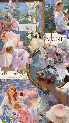 a collage of images with flowers and other things in the background, including a woman's head