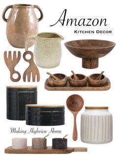 an assortment of kitchen decor items including spoons, bowls and utensils with the words amazon kitchen decor above them