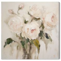 a painting of white roses in a vase