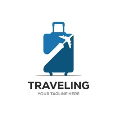 a blue suitcase with a plane on it and the words traveling your tagline here