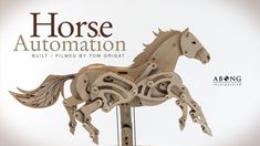 a wooden model of a horse is shown in front of a white background with the words, horse automated built by tom girgi