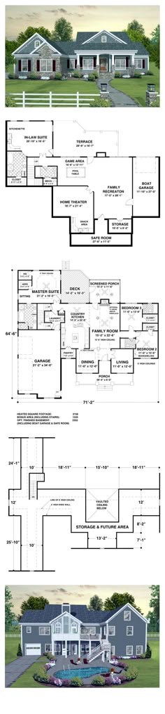 two story house plans with garage and living room in the middle, one bedroom on each floor