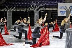 a group of people in black and red outfits doing tricks on an ice skating rink