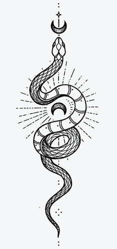 a black and white drawing of a snake in the shape of a spiral, with sun rays