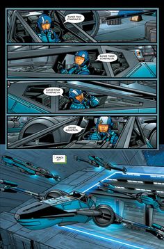 a comic strip with an image of a sci - fi fighter in the cockpit and another panel