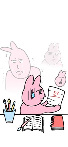 a pink bunny sitting at a desk with an open book and pencils in front of it