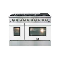 an oven with four burners and two doors on each side, in stainless steel