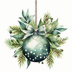 a watercolor christmas ornament with green leaves and bows hanging from it's side