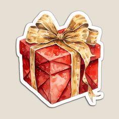 a watercolor painting of a red gift box with a gold bow