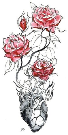 a drawing of roses in a vase with a heart