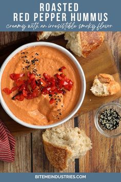 Chunks of artisan bread next to a bowl of homemade roasted red pepper hummus, garnished with black and white sesame seeds and chunks of roasted red pepper. Red Bell Pepper Hummus, Bell Pepper Hummus, Roasted Red Bell Pepper, Pepper Hummus, Roasted Red Pepper Hummus, Red Pepper Hummus, Roasted Red Pepper