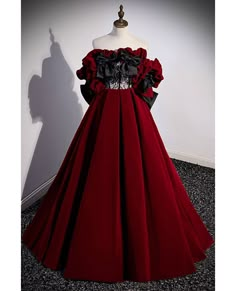 Get 10% off now! Buy unique black and red velvet formal dress with big bow at cheap price online. Free stable shipping and pro custom service since 2009. Burgundy Background Aesthetic, Red Ball Gowns, Vampire Ball, Masquerade Prom, Sweet Sixteen Ideas, Prom Dresses Off The Shoulder, Burgundy Background, A Line Evening Dress, Dress Wine