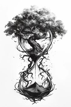 an ink drawing of a tree in the shape of a hourglass with water swirling around it