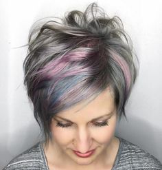 Gray Long Pixie With Pink Highlights Grey Hair With Red Highlights, Olivia Hair, Messy Pixie Haircut, Longer Pixie Haircut, Long Pixie Hairstyles, Messy Pixie, Long Pixie Cuts, Hair Pixie, Pink Highlights