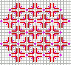 an abstract pattern made up of red and pink arrows on a gray background with white squares