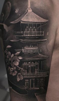 Japanese Temple Tattoos: Meanings, Symbolism & More Japan Theme Tattoo, Japanese Shrine Tattoo, Chinese House Tattoo, Japanese Castle Tattoo, Japanese House Tattoo, Japanese Tower Tattoo, Japanese Theme Tattoo