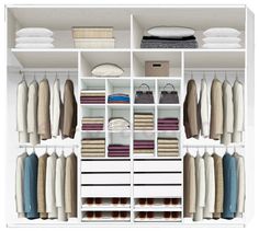 an organized closet with white shelves and drawers