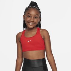 With a snug racerback design, the Nike Swoosh Sports Bra is more than just comfortable—it sends sweat packing. Our lightweight fabric moves sweat away from your body to help you stay dry, cool and focused, so you never have to sit a play out. Girls Sports Bras, Nike Pro Women, Nike Sports Bra, Shorts Nike, Nike Swoosh, Nike Pros, Big Kids, Polyester Spandex, You Never