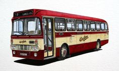 a drawing of a red and white bus