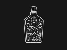 a black and white drawing of a bottle with a wolf on it's label