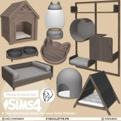 an assortment of furniture and objects for the sims4 character creation kit, including a dog house