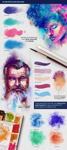 watercolor brushes are used to create an artistic painting effect in this graphic workbook