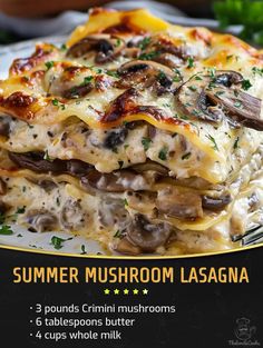 a plate with lasagna covered in mushrooms and cheese