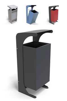 four different colored trash cans in various shapes and sizes, including one with the lid open