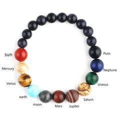 Length: 18-20 cm/ 7.1-7.8 in Eight Planets, Solar System Bracelet, Blue Sand Stone, Chakra Beads, Natural Stone Bracelets, Chakra Bracelet, Sistema Solar, Unisex Bracelets, Mens Beaded Bracelets