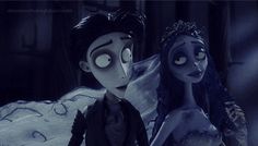 the corpse bride and groom are looking at each other with eyes wide open in this animated scene