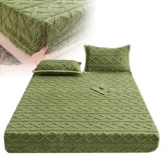 a bed with green bedspread and pillows on top of it, next to an image of a hand holding the cover