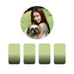 a girl holding a dog in her arms with four squares around her to show the size and color