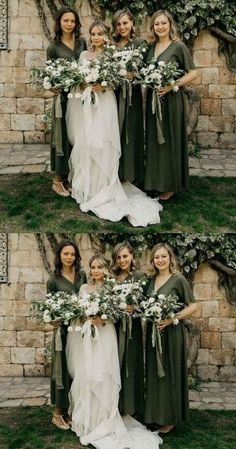 the bridesmaids are all dressed in green and white