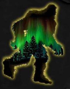 an image of a bigfoot with green lights on it's face and trees in the background